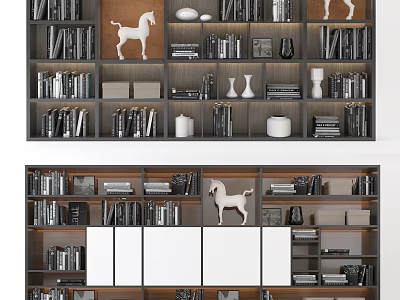 Modern Bookshelf Interior With Books Decorative Horse Figurine Vases And Storage Boxes 3d model