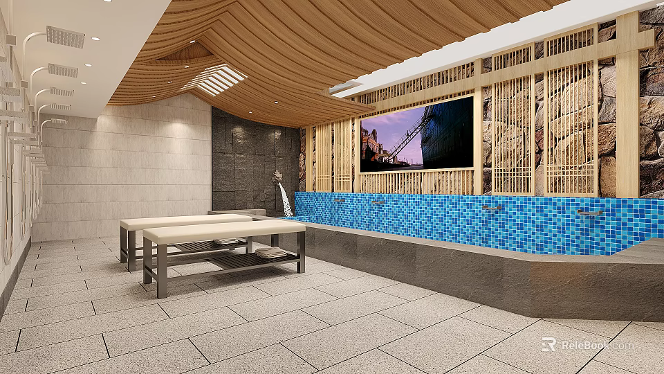 Indoor Leisure Area Featuring Wooden Ceiling Gray Stone Walls Blue Mosaic Pool And Metal Benches 3d model 