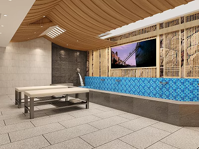 Indoor Leisure Area Featuring Wooden Ceiling Gray Stone Walls Blue Mosaic Pool And Metal Benches 3d model