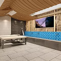 Indoor Leisure Area Featuring Wooden Ceiling Gray Stone Walls Blue Mosaic Pool And Metal Benches