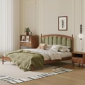 Double Bed With Green Quilt Wooden Headboard In Cozy Bedroom Framed Artwork Plant And Rug