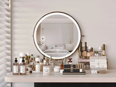 Elegant Perfume Cosmetics Display On Vanity Table With Round Mirror And Skincare Bottles 3d model