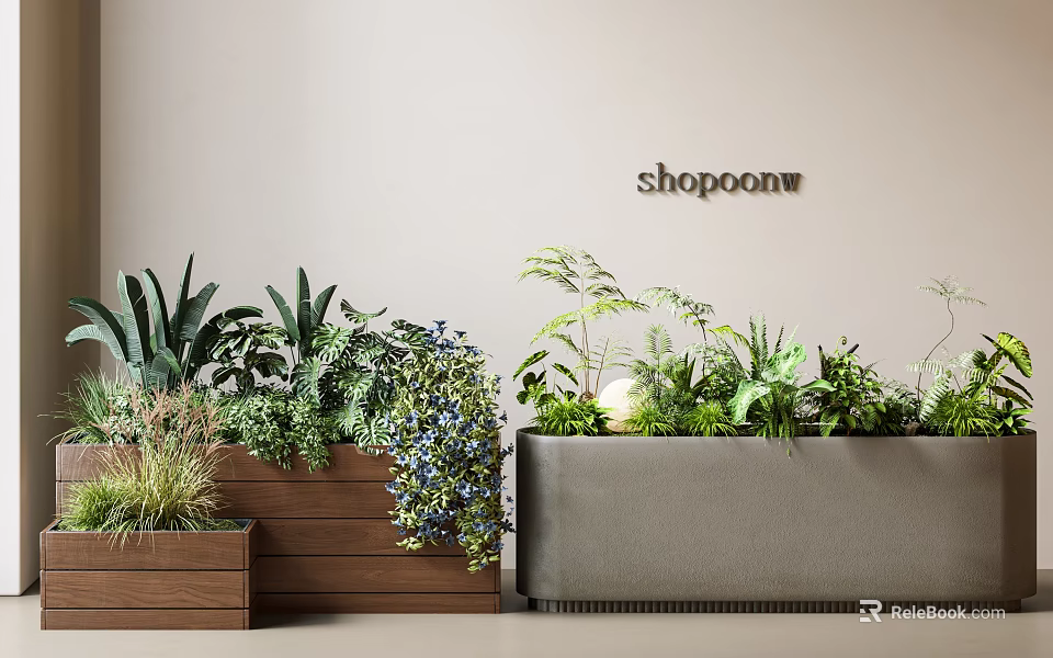 Various Green Plants And Colorful Flowers In Wooden And Gray Planters Against Wall 3d model 
