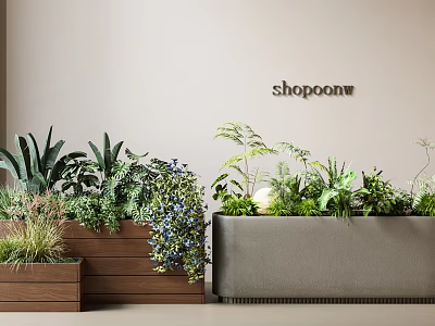 Various Green Plants And Colorful Flowers In Wooden And Gray Planters Against Wall 3d model