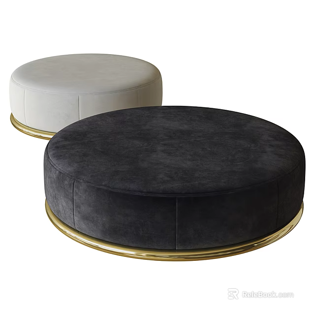 Light Grey and Dark Grey Round Ottoman with Gold Metal Base and Velvet Upholstery 3d model 