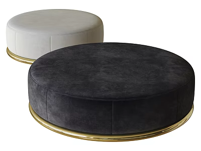 Light Grey and Dark Grey Round Ottoman with Gold Metal Base and Velvet Upholstery 3d model