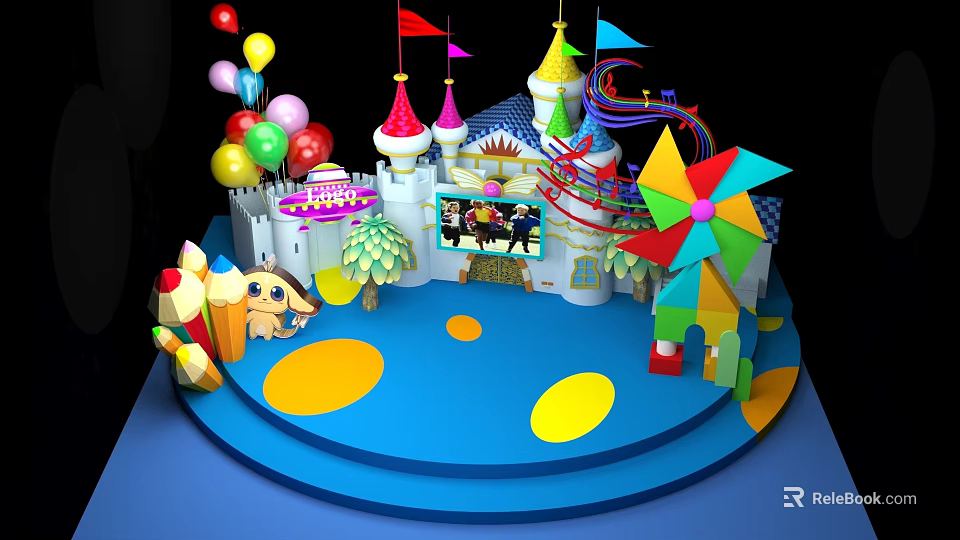 Colorful Children Stage Design With Castle Structure Balloons Pinwheel And Cartoon Decorations 3d model 