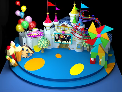 Colorful Children Stage Design With Castle Structure Balloons Pinwheel And Cartoon Decorations 3d model