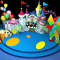 Colorful Children Stage Design With Castle Structure Balloons Pinwheel And Cartoon Decorations