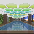 Indoor Swimming Pool With Hexagonal Ceiling Colorful Lighting Living Plant Wall And Large Windows