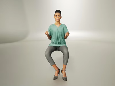 Casual Woman Sitting in Light Green V Neck T Shirt Gray Skinny Pants High Heels Simple Background 3d model
