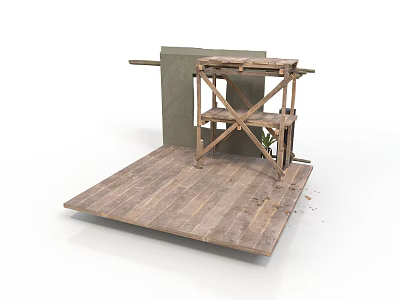 Rustic Wooden Platform With Scaffolding Structure Gray Wall And Small Plant 3d model
