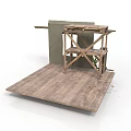Rustic Wooden Platform With Scaffolding Structure Gray Wall And Small Plant