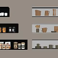 Stylish Kitchenware Display On Black And White Shelves With Bowls Mugs Jars And Plates