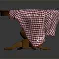 Round Wooden Dining Table With Partially Covered Red And White Checkered Tablecloth 3d model