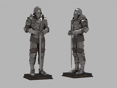 Decorative Knight Armor Ornament Set Medieval Style Metal Sculptures With Swords On Base 3d model
