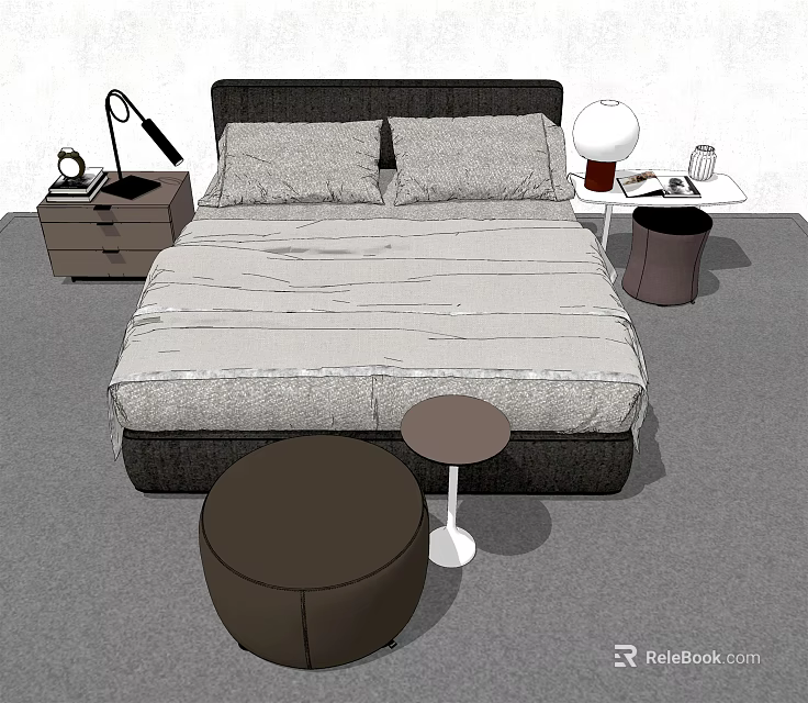 Modern Double Bed With Bedside Tables Table Lamps And Round Stools 3d model