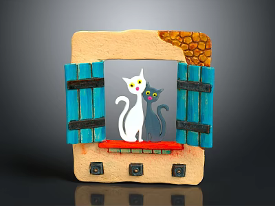 Decorative Wall Furniture With Blue Shutters White And Gray Cats On Windowsill Stone Wall Texture 3d model