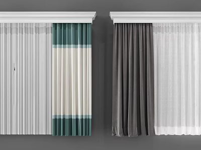 Modern Striped Curtains in White Beige Green and Dark Gray With Sheer Layers 3d model