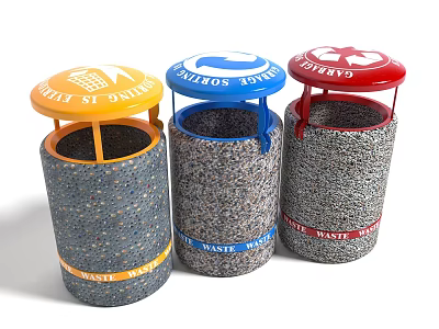 Public Facility Color Coded Waste Bins With Textured Bodies And Colored Lids 3d model