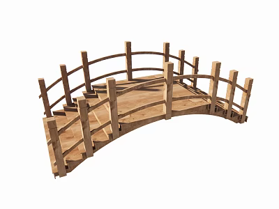 Wooden Landscape Bridge With Curved Design Steps And Railings In Garden 3d model