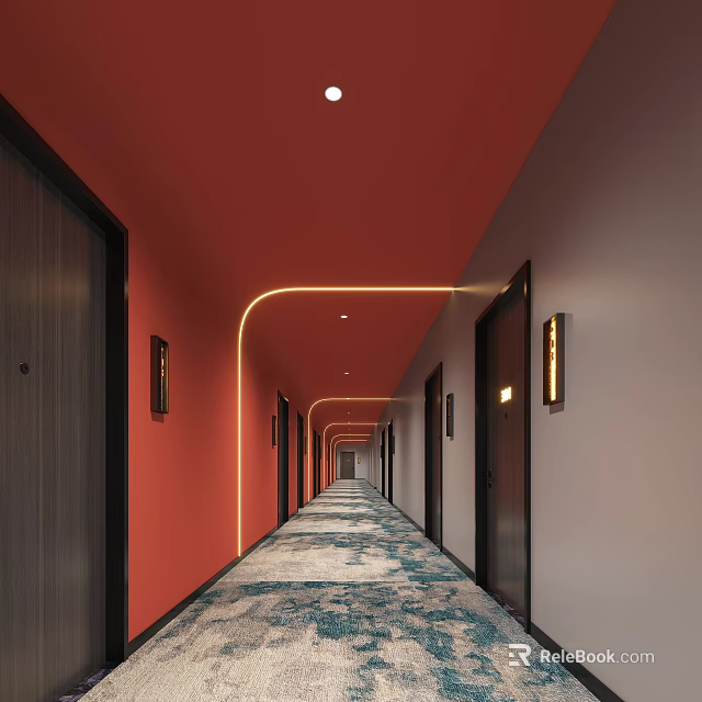 Elegant Hotel Corridor Design With Red Gray Walls Curved Lighting Wall Lamps And Patterned Carpet 3d model 