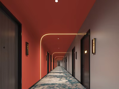 Elegant Hotel Corridor Design With Red Gray Walls Curved Lighting Wall Lamps And Patterned Carpet 3d model