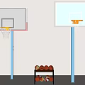 Basketball Court With Two Hoops Blue Poles White Backboards And Basketballs On Shelf