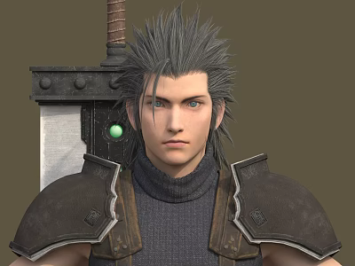 Game Movie Character With Spiky Gray Hair Blue Eyes Dark Armor And Large Sword 3d model