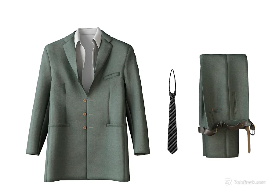Green Formal Men's Suit Set Including Jacket Pants and Matching Tie 3d model 