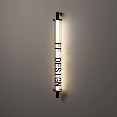 Modern Sleek Strip Wall Lamp With Black Metal Frame LED Light Mounted On Gray Wall 3d model