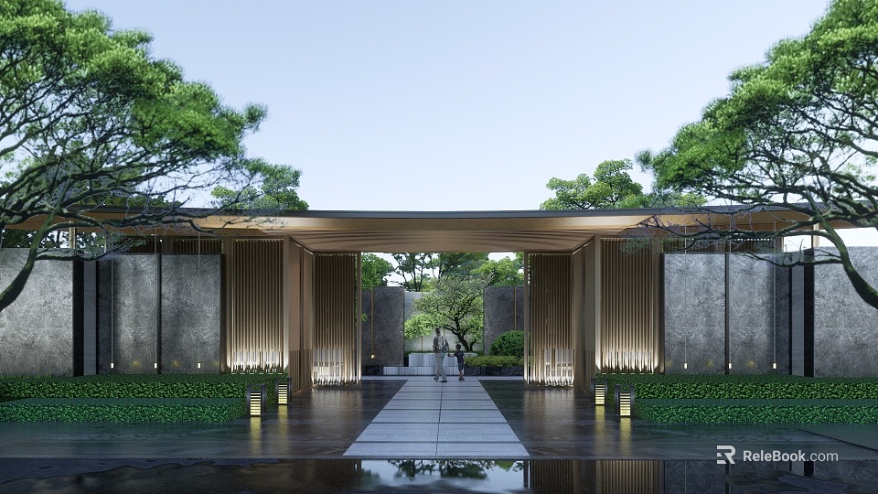 Modern Entrance Gate With Wooden Slats Stone Walls And Lush Greenery Design 3d model 