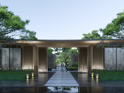Modern Entrance Gate With Wooden Slats Stone Walls And Lush Greenery Design 3d model
