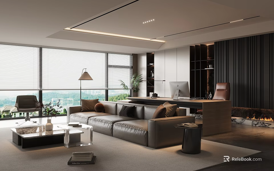Modern Living Room Minimalist Design With Large Windows Leather Sofa Workspace And Green Plants 3d model 
