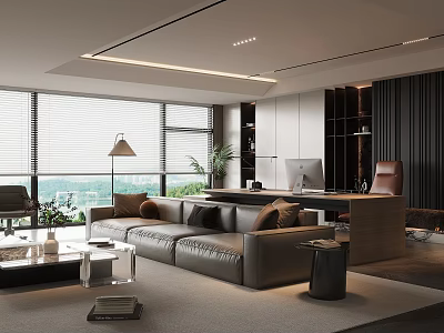 Modern Living Room Minimalist Design With Large Windows Leather Sofa Workspace And Green Plants 3d model