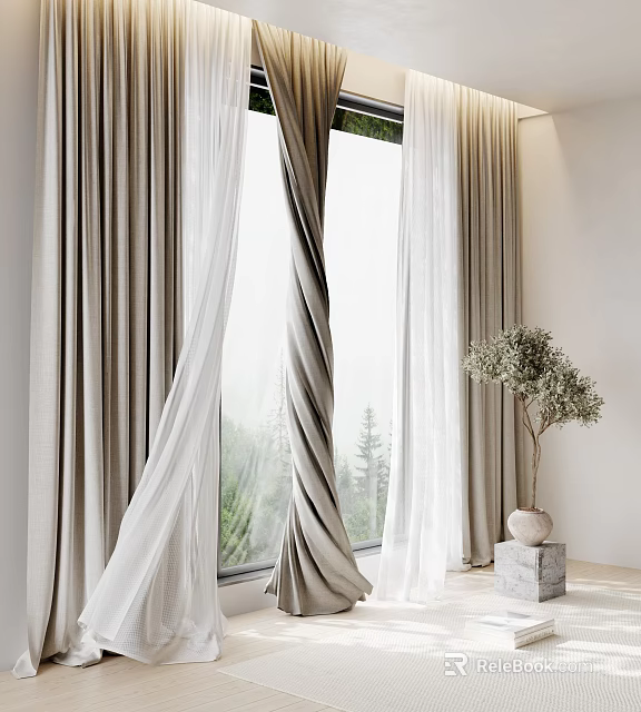 Modern Minimalist Curtains In Beige And White Linen With Soft Texture And Indoor Plant By Window 3d model 