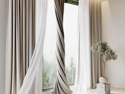 Modern Minimalist Curtains In Beige And White Linen With Soft Texture And Indoor Plant By Window 3d model