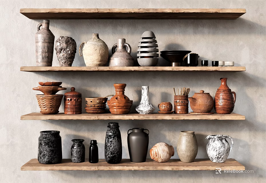 Rustic Ceramic Decorative Vases Jars And Pots On Wooden Shelves Collection 3d model 