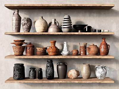 Rustic Ceramic Decorative Vases Jars And Pots On Wooden Shelves Collection 3d model