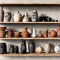 Rustic Ceramic Decorative Vases Jars And Pots On Wooden Shelves Collection