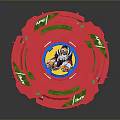 Red Spinning Weapon Toy Top With Central Cartoon Design And Green Decorative Accents