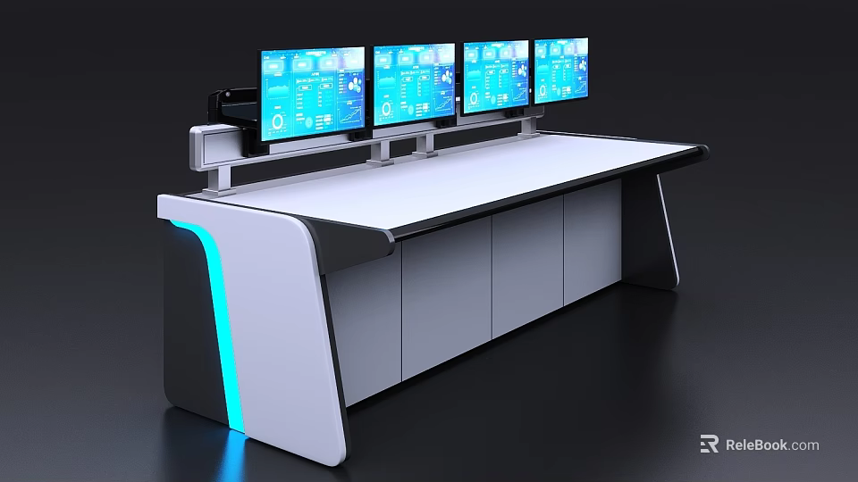 Modern Console Setup With Multiple Screens And Blue Accent Lighting 3d model 