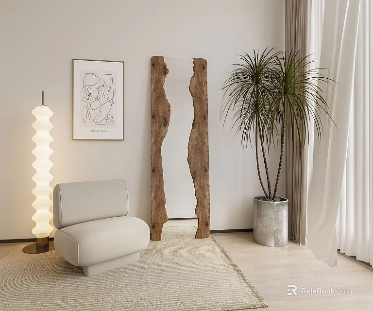 Unique Wooden Frame Mirror In Minimalist Luxury Interior With Sofa Floor Lamp And Green Plant 3d model 
