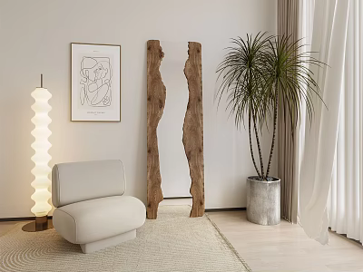 Unique Wooden Frame Mirror In Minimalist Luxury Interior With Sofa Floor Lamp And Green Plant 3d model