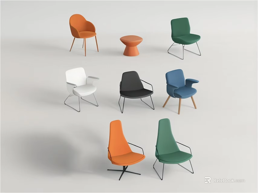 Modern Multi Colored Accent Chairs With Various Styles And Side Table 3d model