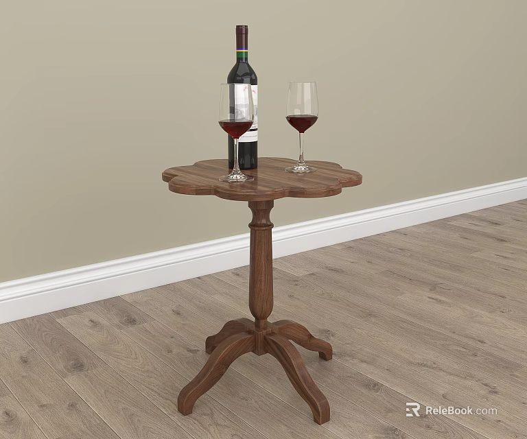 Wooden Flower Stand with Carved Petal Top Holding Red Wine Bottle and Glasses in Indoor Room 3d model 