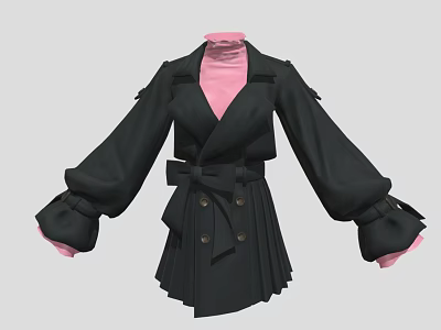 Stylish Black Coat With Pink Turtleneck Inner Double Breasted Bow Belt And Flared Cuffs 3d model