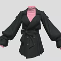 Stylish Black Coat With Pink Turtleneck Inner Double Breasted Bow Belt And Flared Cuffs
