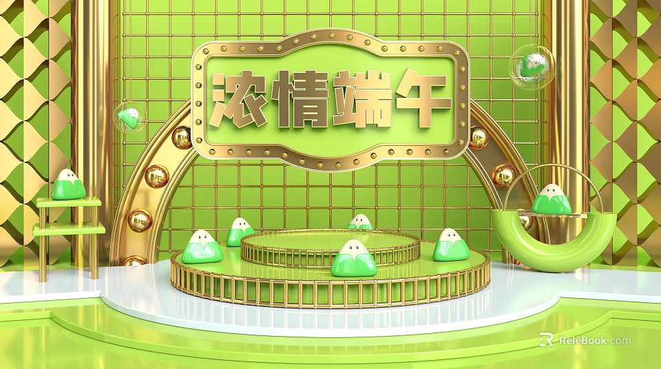 Golden Framed Commercial Equipment for Dragon Boat Festival with Circular Green Platform and Decorative Balls 3d model 