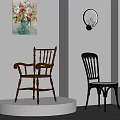Wooden Carved Armchair And Black Metal Striped Chair With Platform Window Blinds And Wall Art